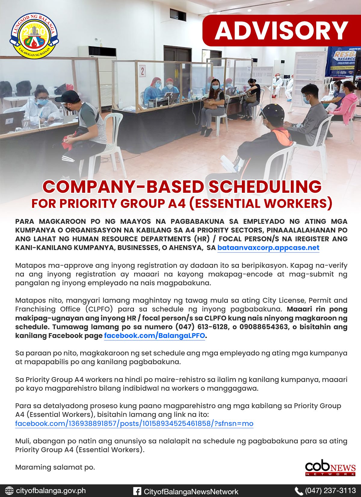 COB - COMPANY-BASED SCHEDULING FOR PRIORITY GROUP A4 (ESSENTIAL WORKERS ...