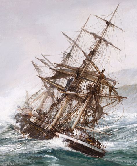 Ship Driving Onto the Aucklands.. Artist Montague Dawson