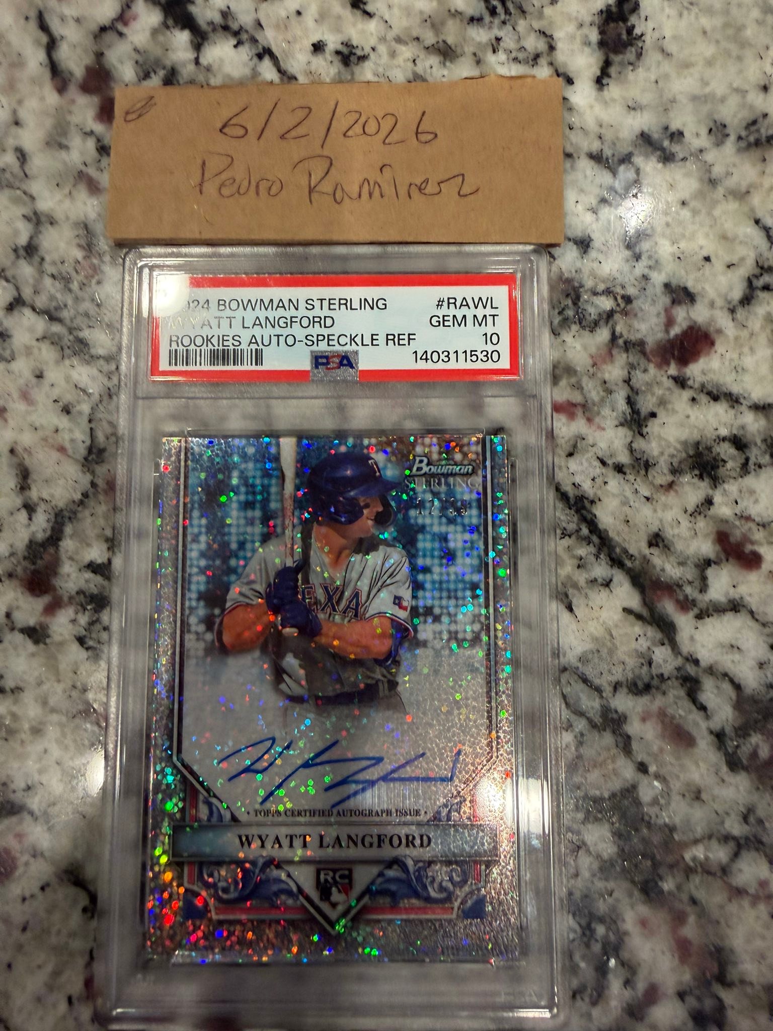 2024 Bowman Sterling Wyatt Langford rookie auto speckle refractor 