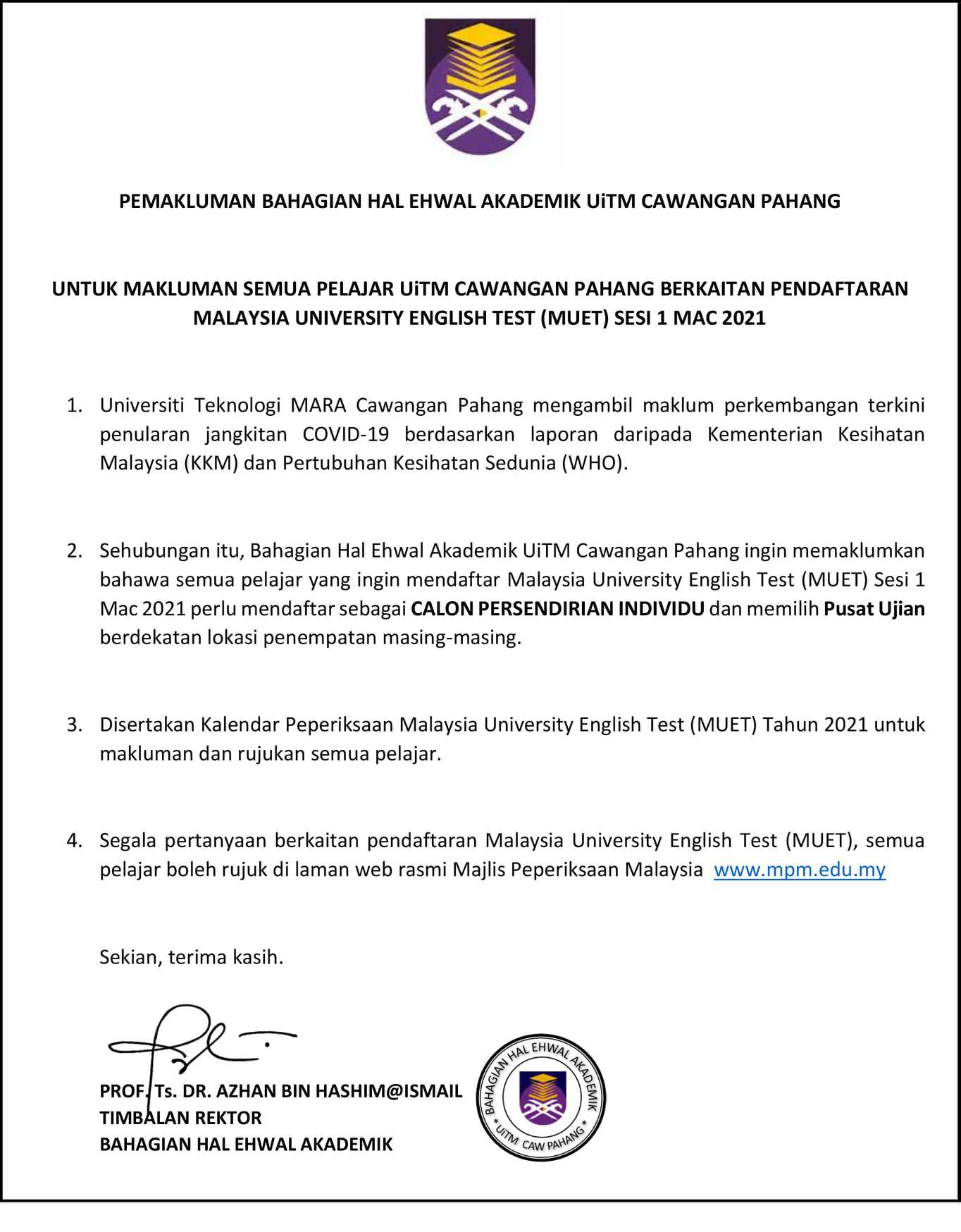 𝐌𝐀𝐊𝐋𝐔𝐌𝐀𝐍 𝐊𝐄𝐏𝐀𝐃𝐀 Bahagian Hal Ehwal Akademik Uitm Pahang Facebook