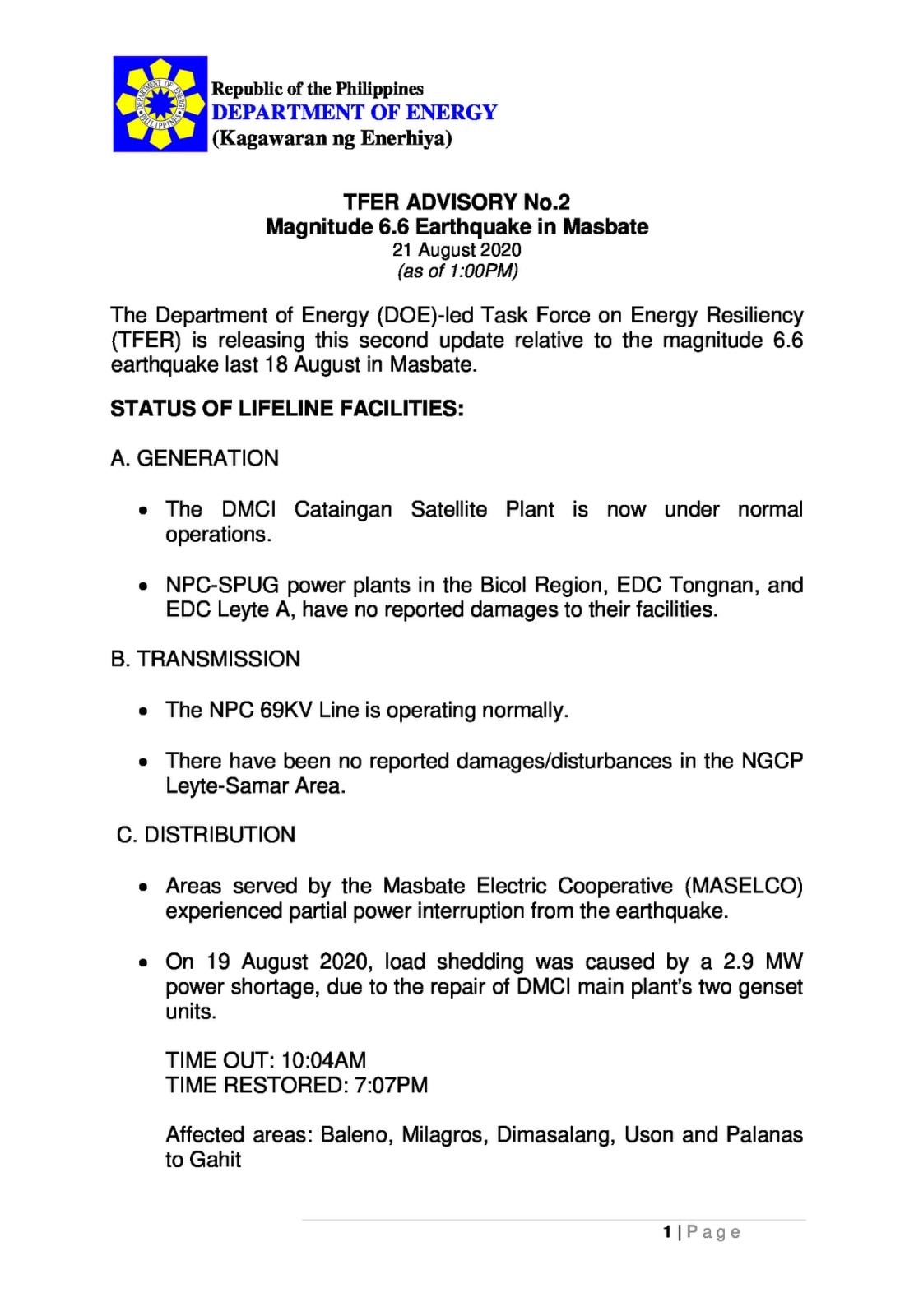 Read: TFER Advisory... - Department of Energy Philippines | Facebook