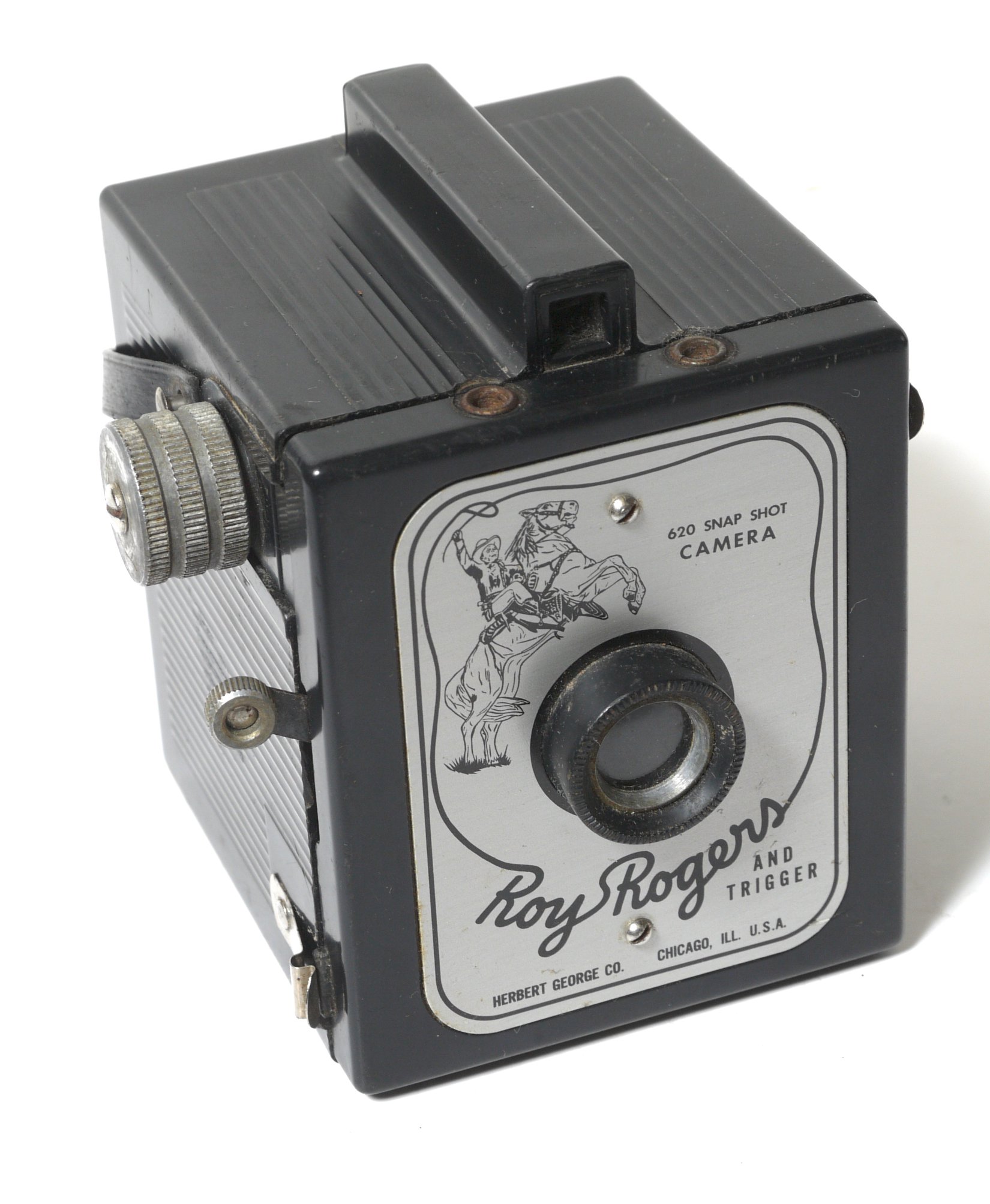 Vintage black plastic box camera with a Roy Rogers and Trigger