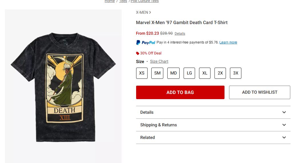 Gambit Death Card shirt restocked at Hot Topic