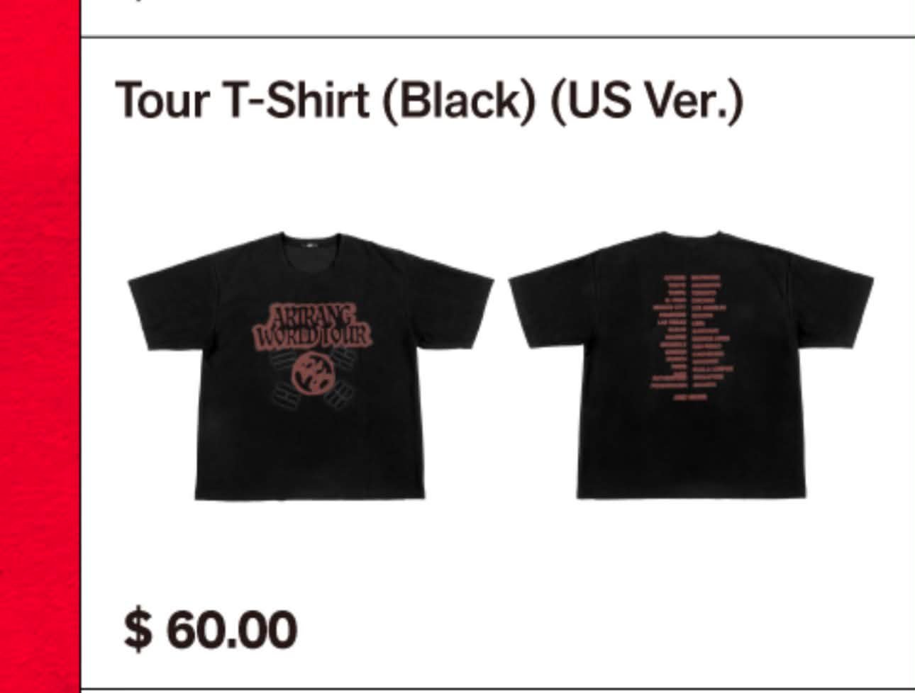 BTS Arirang World Tour black tour T-shirt for sale in size S/M