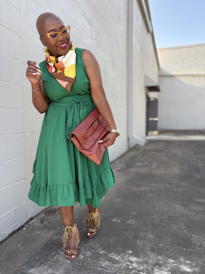 Thrifted green wrap dress with colorful accessories