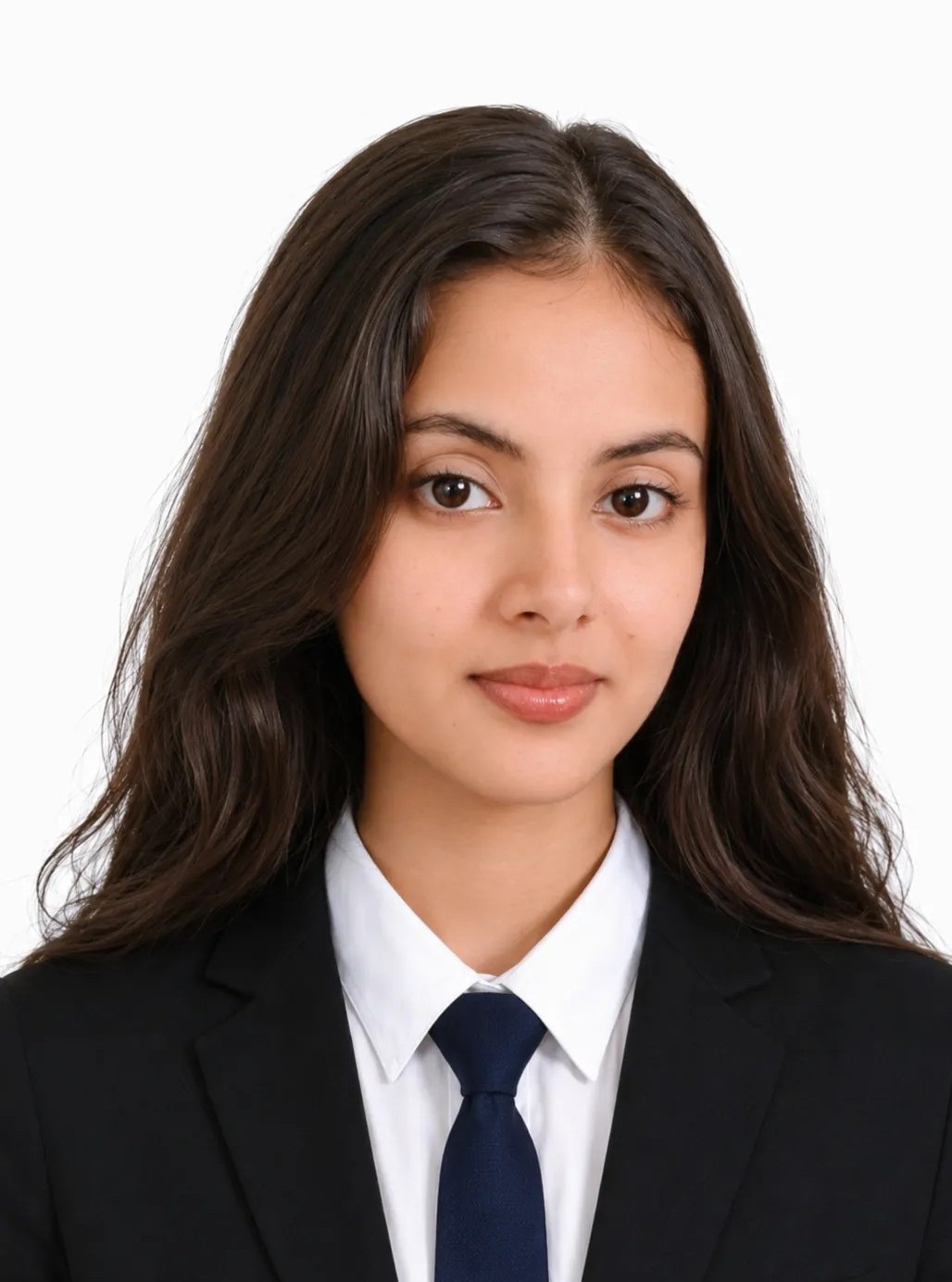 Professional passport-size photo, formal black suit, white shirt.🥰 Professional passport-size photo, formal black suit, white shirt, navy tie, plain white background, front-facing, neutral expression, realistic DSLR studio lighting, high quality, keep the