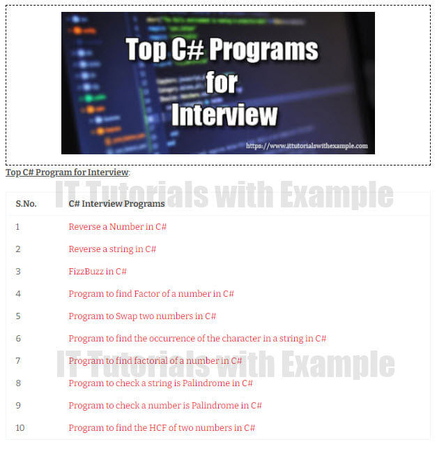Here are the Top C# Programs... - IT Tutorials with Example | Facebook