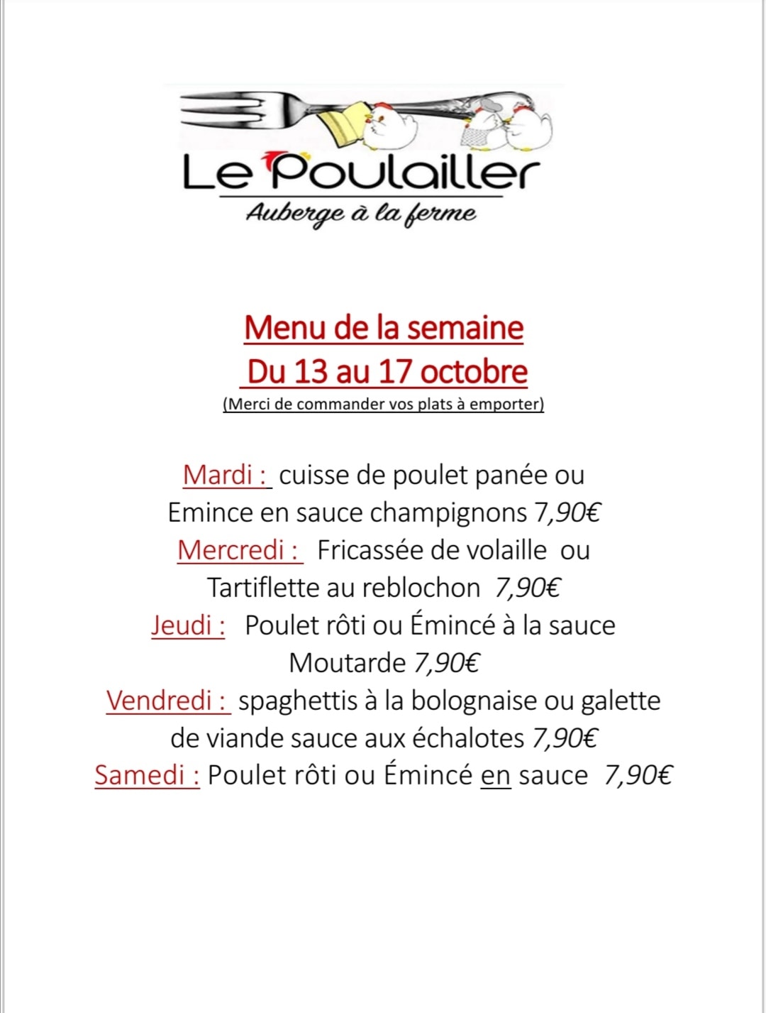 Le Poulailler Auberge à La Ferme Menu