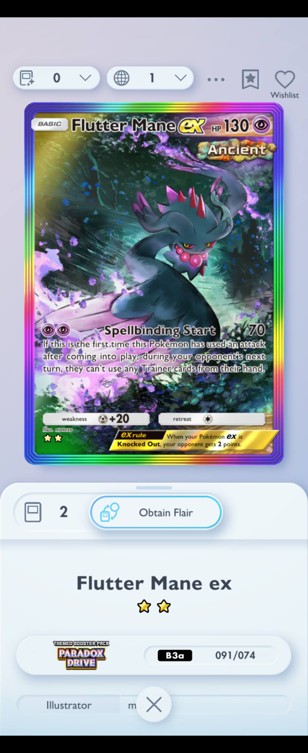 flutter mane ancient pokemon card - 078 - Trick or Trade 2024 - Cosmos Holo art depiction of Flutter Mane that makes it a true standout piece Offers? 9:00 .ll 5G 20