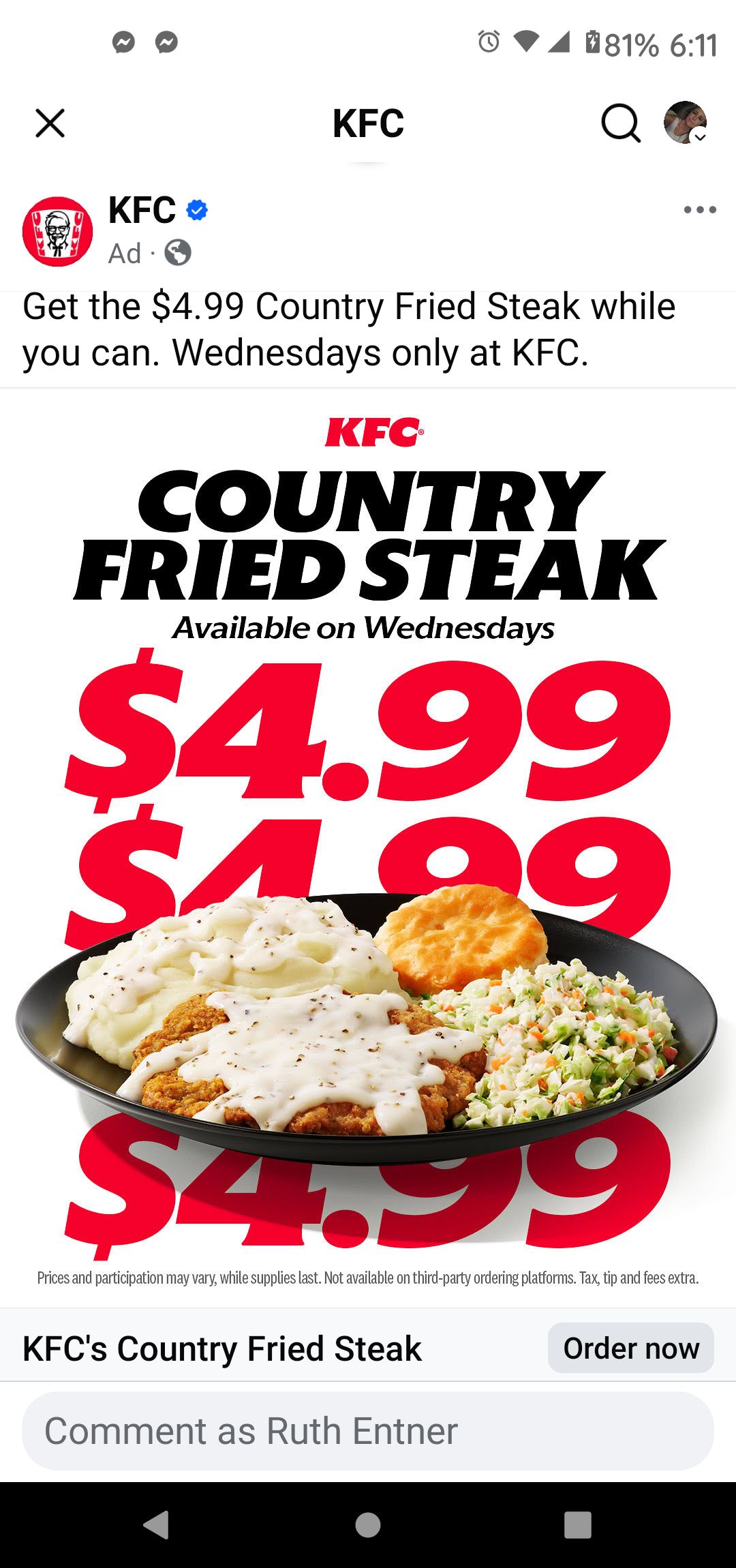 Is KFC's $4.99 Country Fried Steak available in Lakeland, FL?