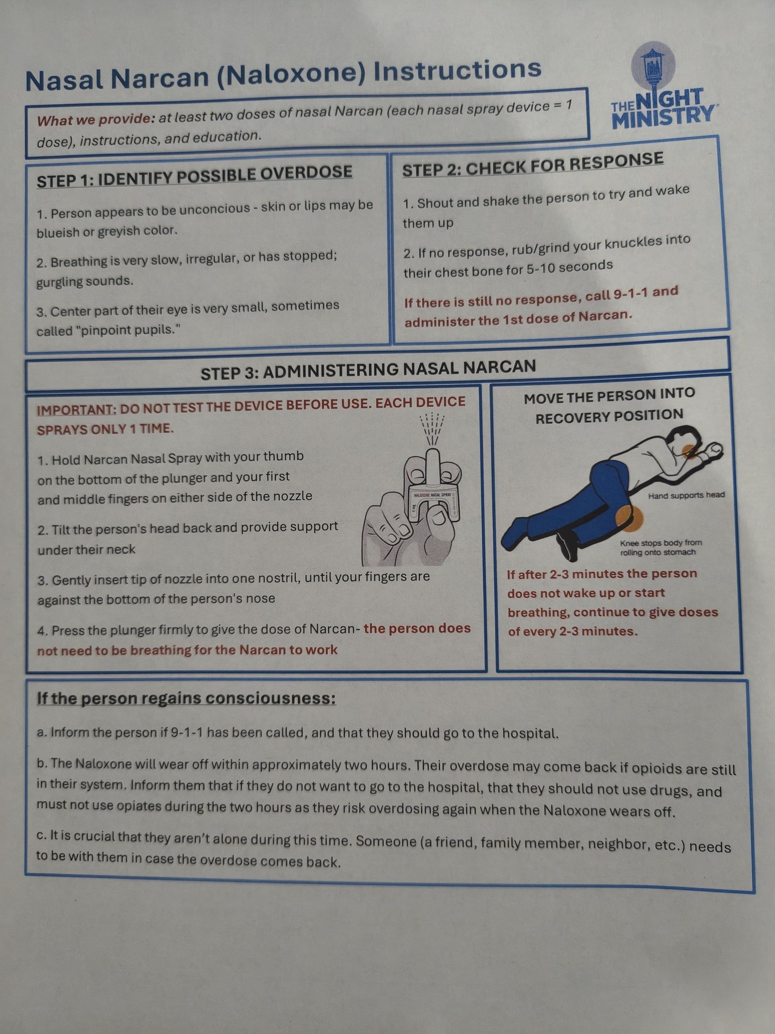Nasal Narcan instructions from The Night Ministry in Rogers Park