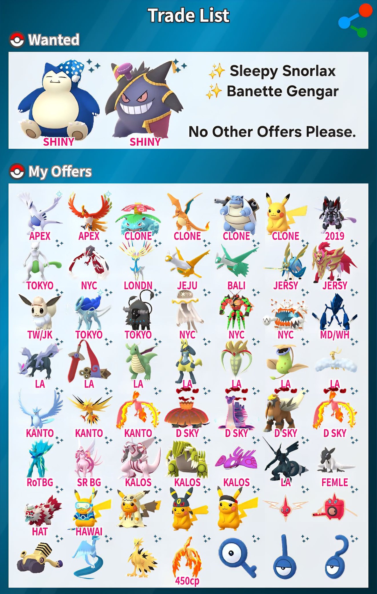 Pokemon Go trade list with Snorlax and Gengar