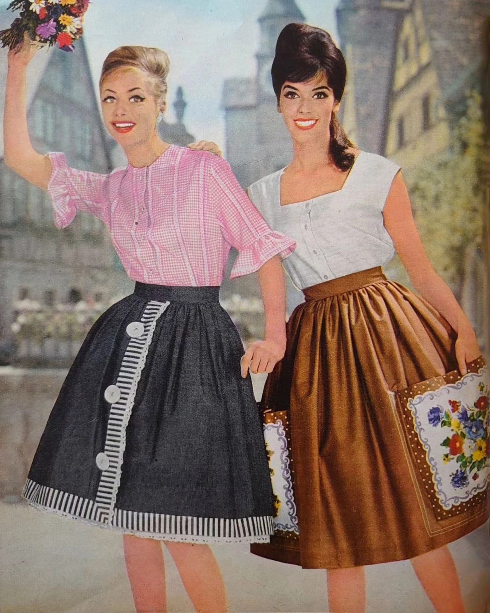 Carla Marier in a belted jacket with matching skirt by Rosecrest