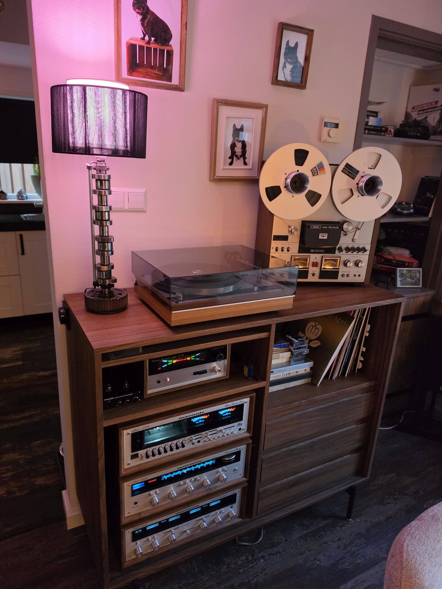 Vintage audio gear setup with Thorens TD145, Fosi X4 pre-amp, and