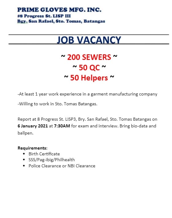 Job Hiring: Prime Gloves Mfg. Inc. - PESO SANTO TOMAS Batangas | Facebook