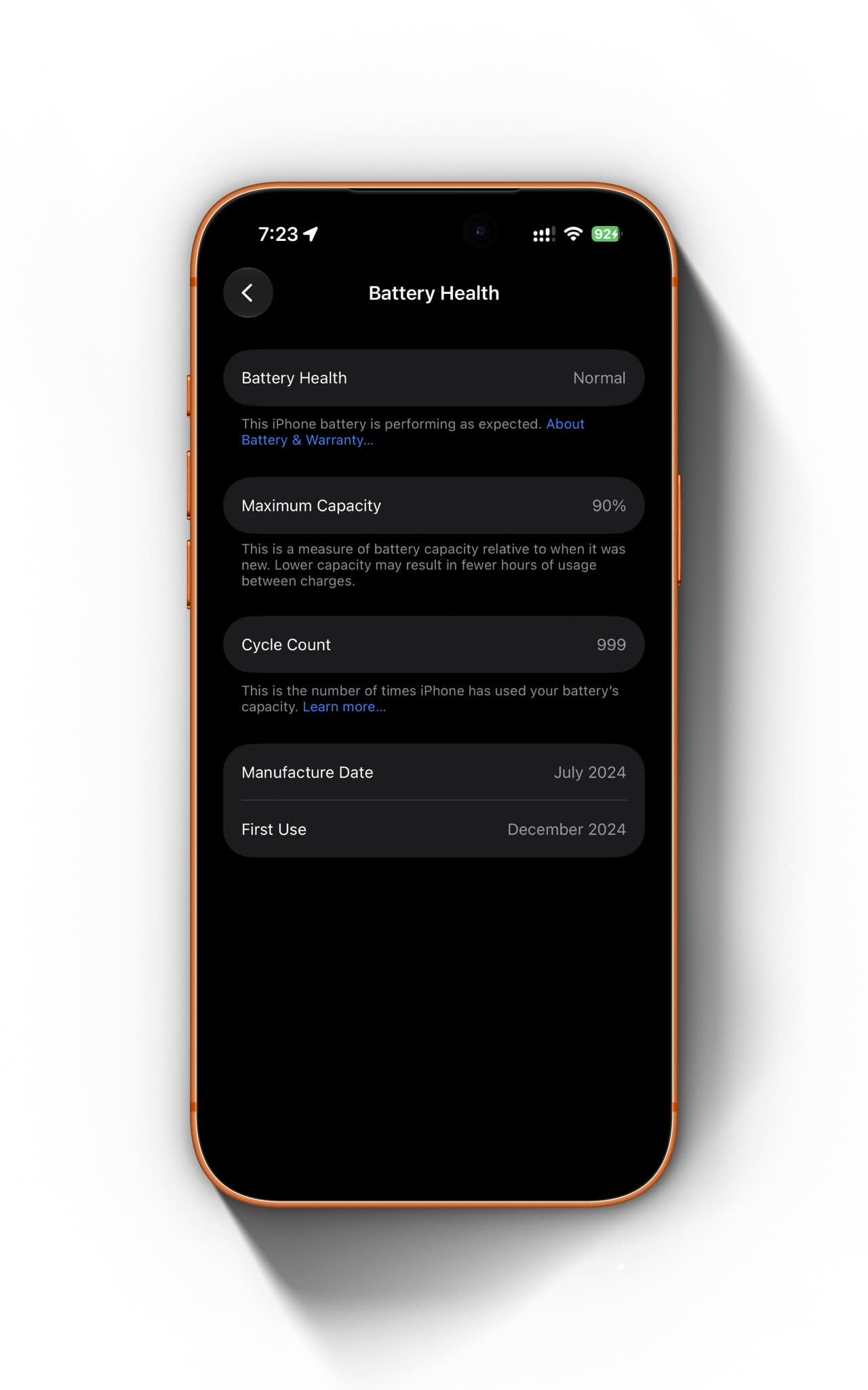 iPhone 16 Pro bought on Day 1 90% Battery cycle 999