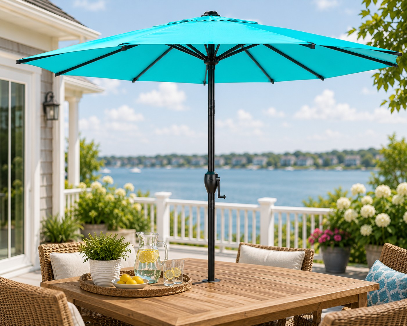 images of patio furniture turquoise umbrella Tangkula 4 PCS Acacia Wood Set, Outdoor Seating Chat Set w/Gray Cushions Back Pillow, Outdoor Conversation Set w/Coffee Table for Garden, Backyard, Poolside (Turquoise) : Patio, Lawn & Garden designed to fit most patio tables and umbrella stands Vintage 1960s Mid-Century Modern Patio