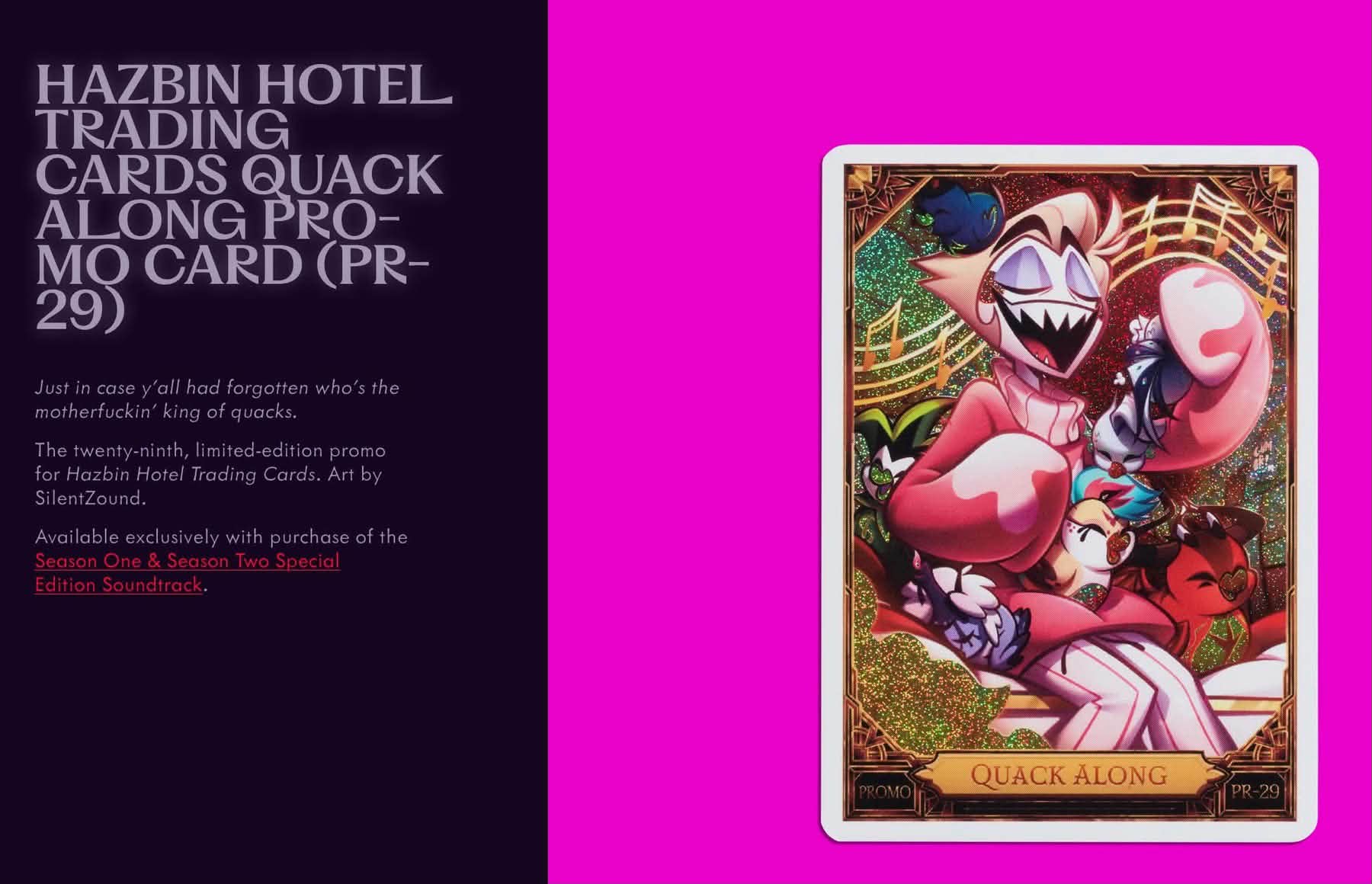 Hazbin Hotel Quack Along promo card and vinyl split custody
