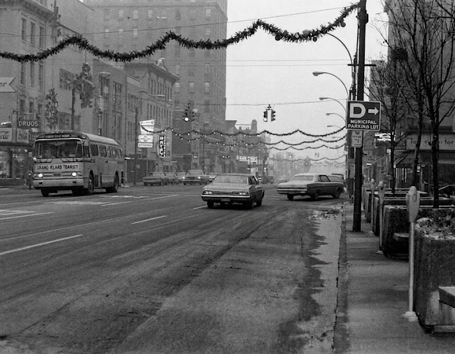 Historic Niagara Falls street scene from 1966 with Christmas