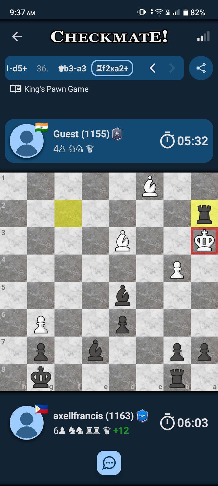9:37 AM el 82% I-d5+ CHECKMATE! 36. ьз-аз If2xa2+ < 目 King