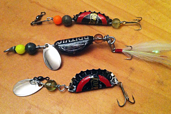 bottle cap spinner fishing lure pictures Cackalacky Booze Bait Booze Bait + Dressed Chartreuse Feathers Trailing Hook Copied by many I MADE this SPINNER TAIL