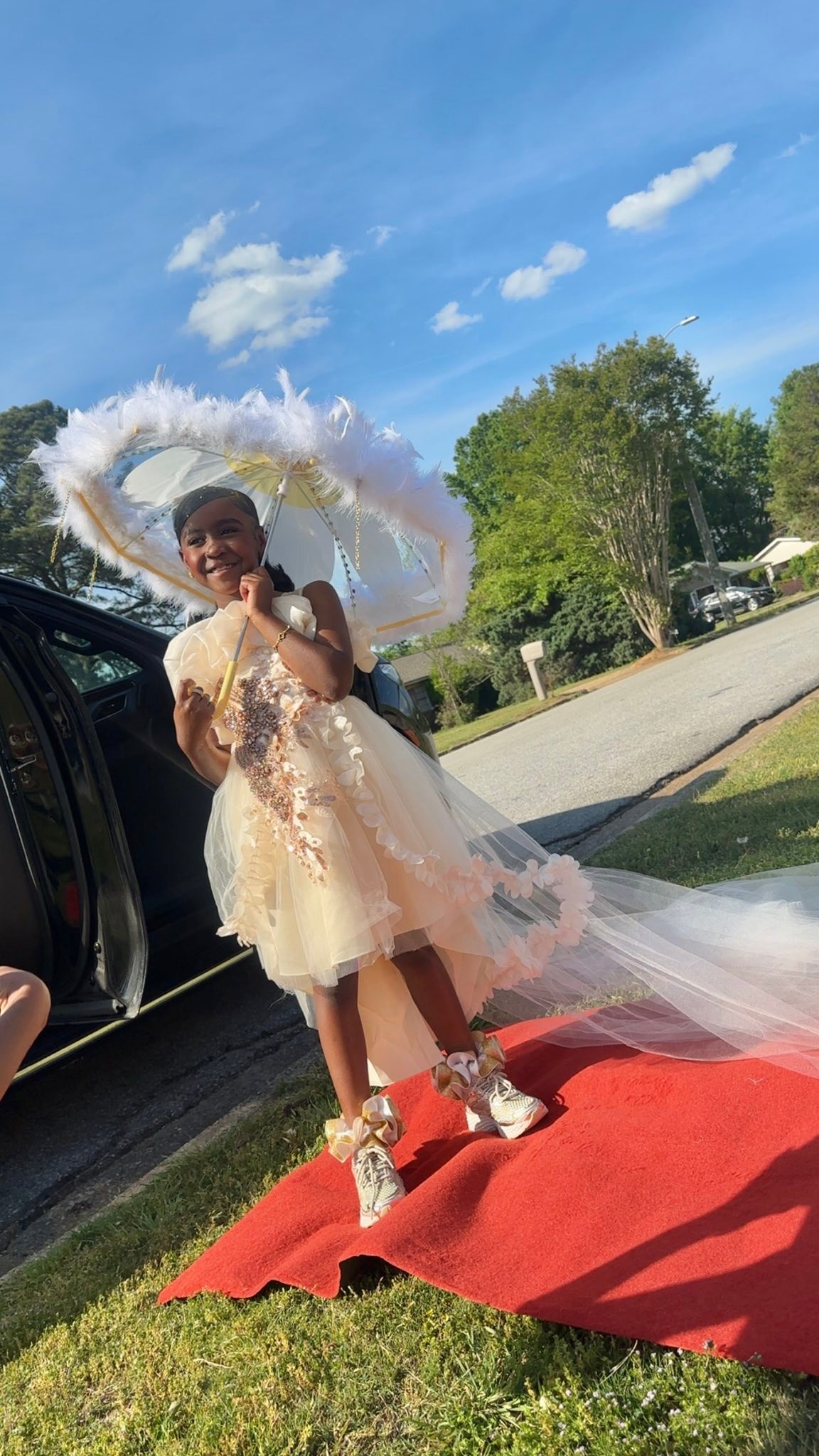 sneaker ball dress 2026 !!🥰🤍❤️ we go black truck red carpet 🫡 my baby first ball 🥹🥹 customized:Tyme Norwood💕 Hair:Shadiamond Gray💕 Umbrella:Layla Layla💕 Size:US8 / UK7 / EU41 Embroidered Lawn Dresses Toddler Juniors' Bodycon Dresses | and hairband has a