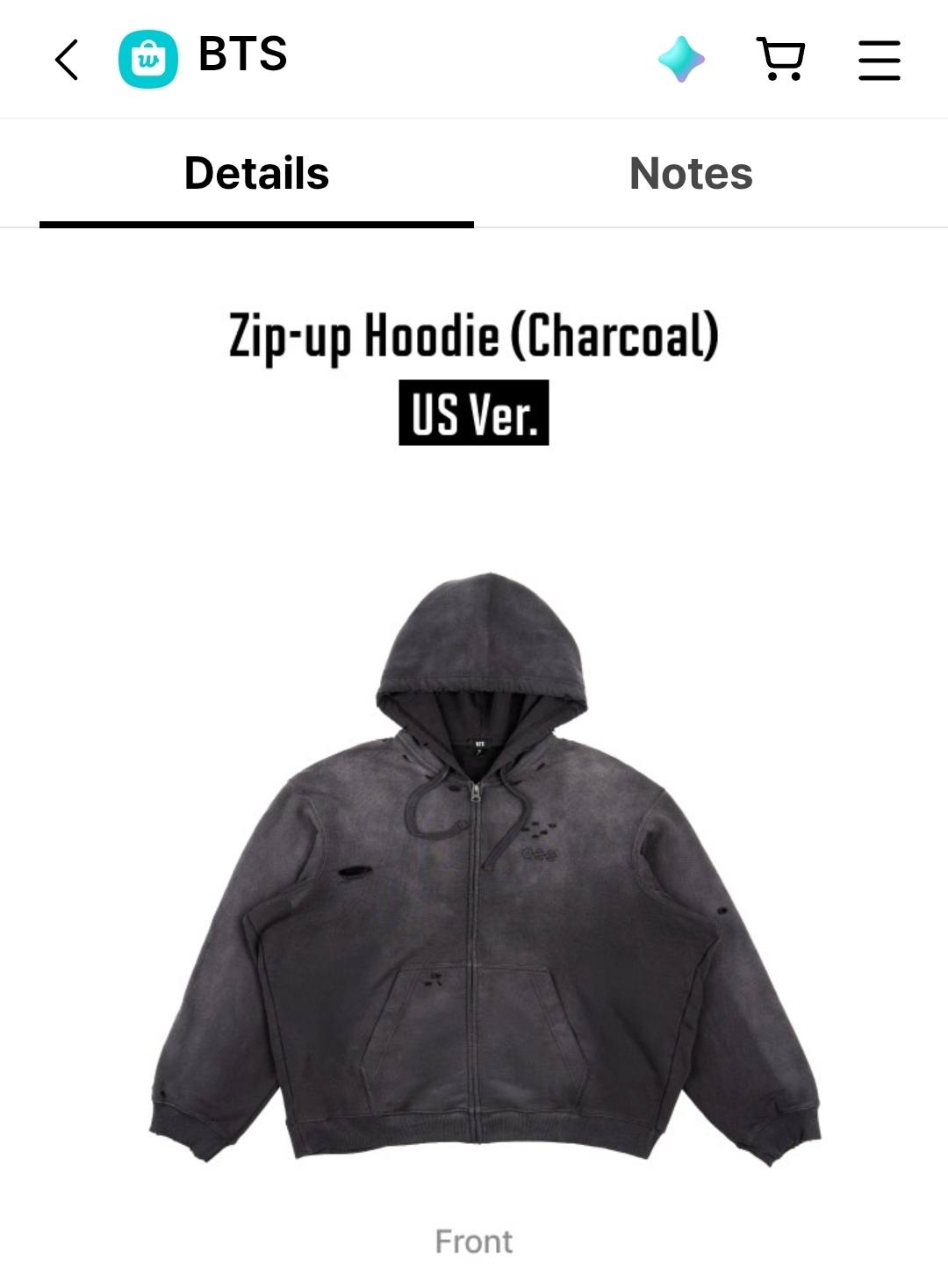 BTS charcoal zip up for sale in XL or 2XL near Santa Monica, CA or