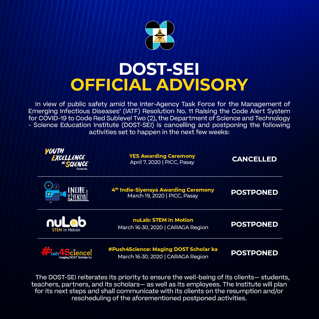 DOST-SEI OFFICIAL ADVISORY In view of public safety amid the Inter ...