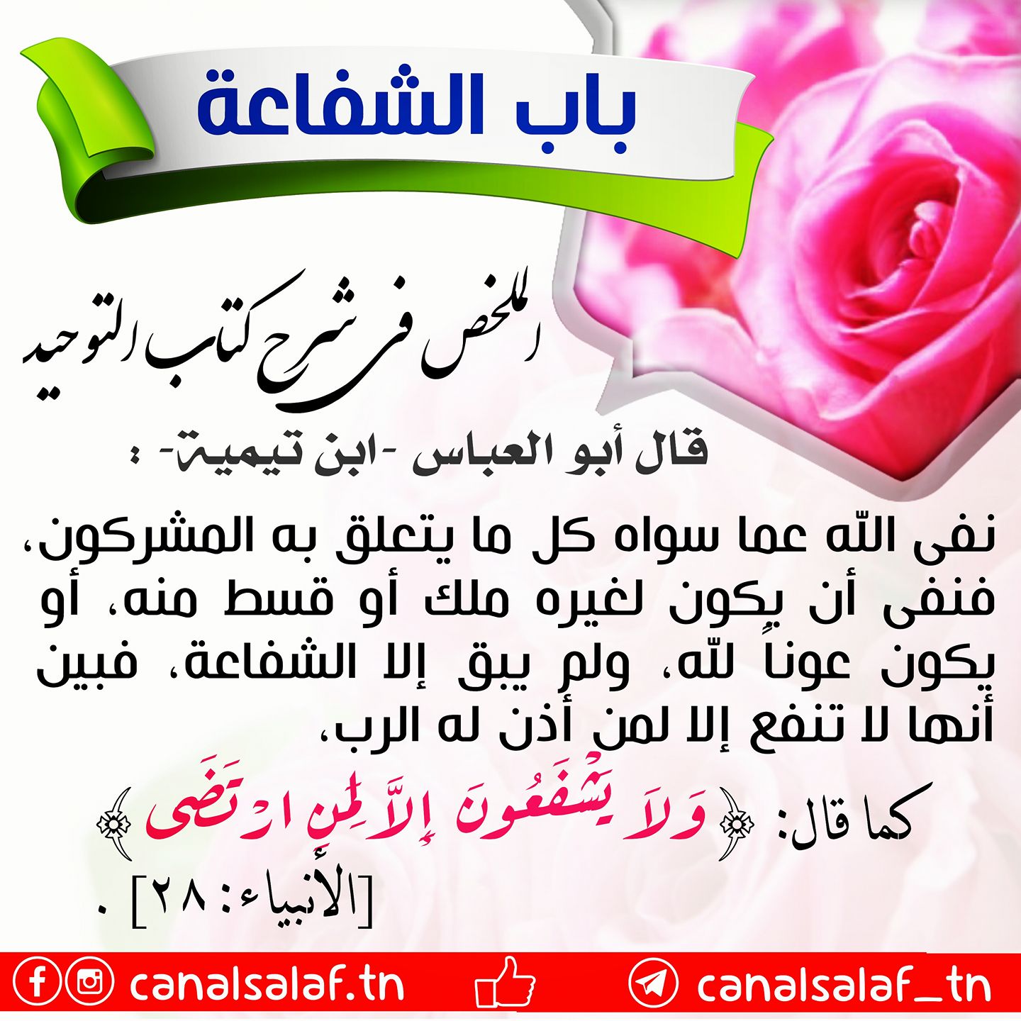 قناة التوحيد و السنة التونسية شرح كتاب التوحيد باب الشفاعة قال أبو العباس نفى الله عما سواه كل ما يتعلق به المشركون فنفى أن يكون لغيره ملك أو قسط منه أو