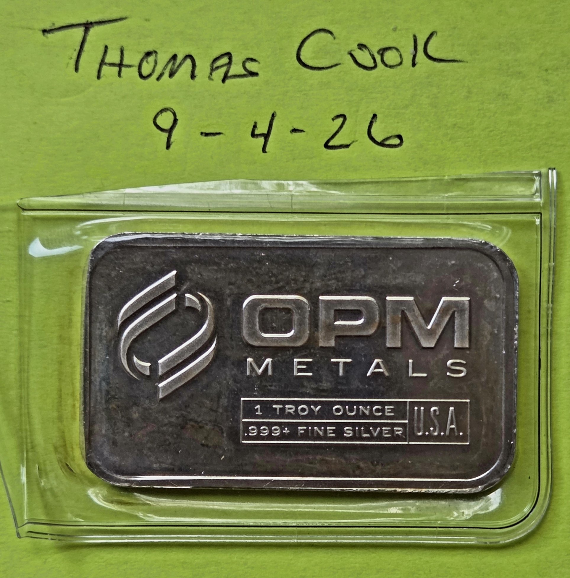 1 Troy ounce OPM Metals Silver Bar for auction
