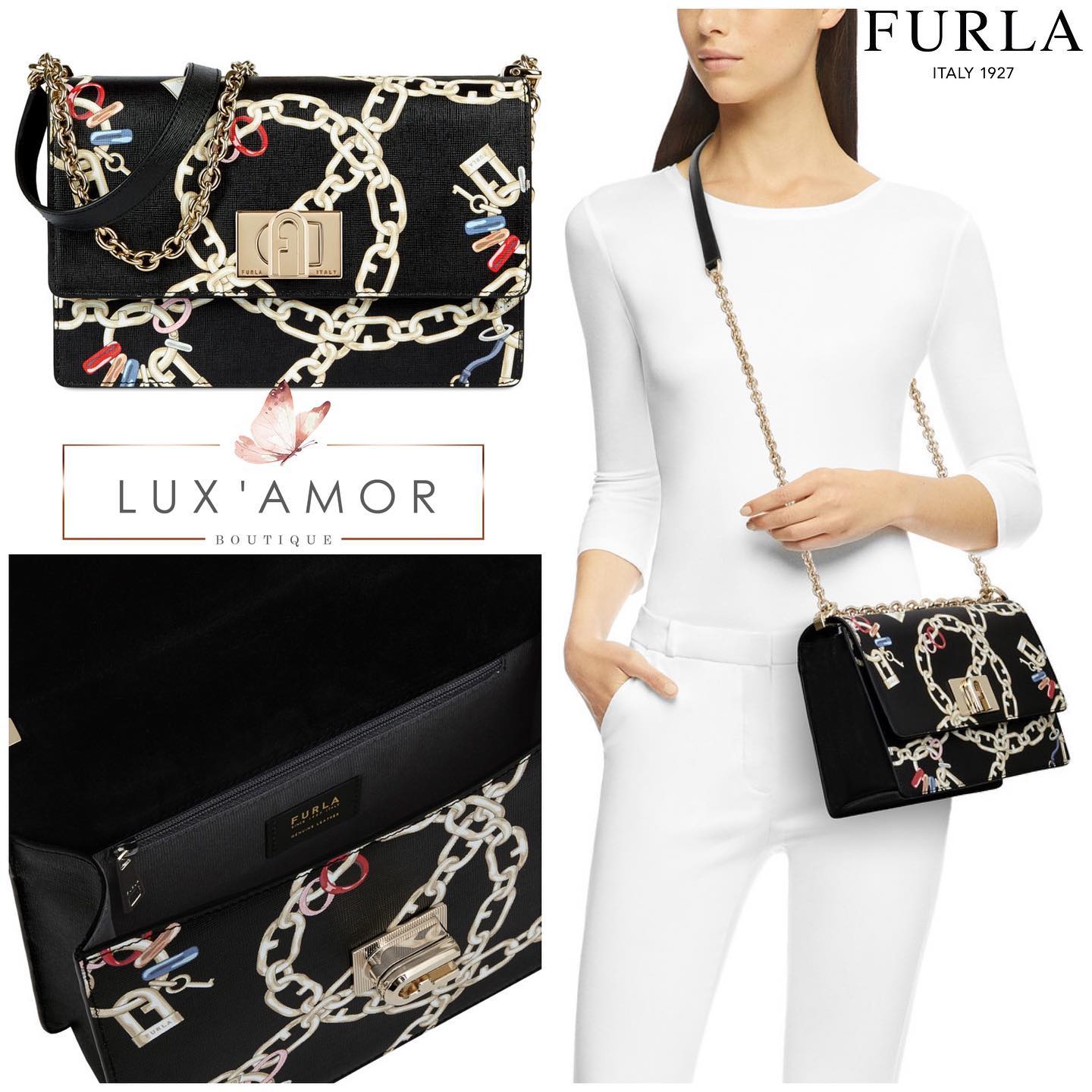 Sac à Main Furla Authentique En Cuir Noir - Occasion En Bon état, Fait Main En Italie