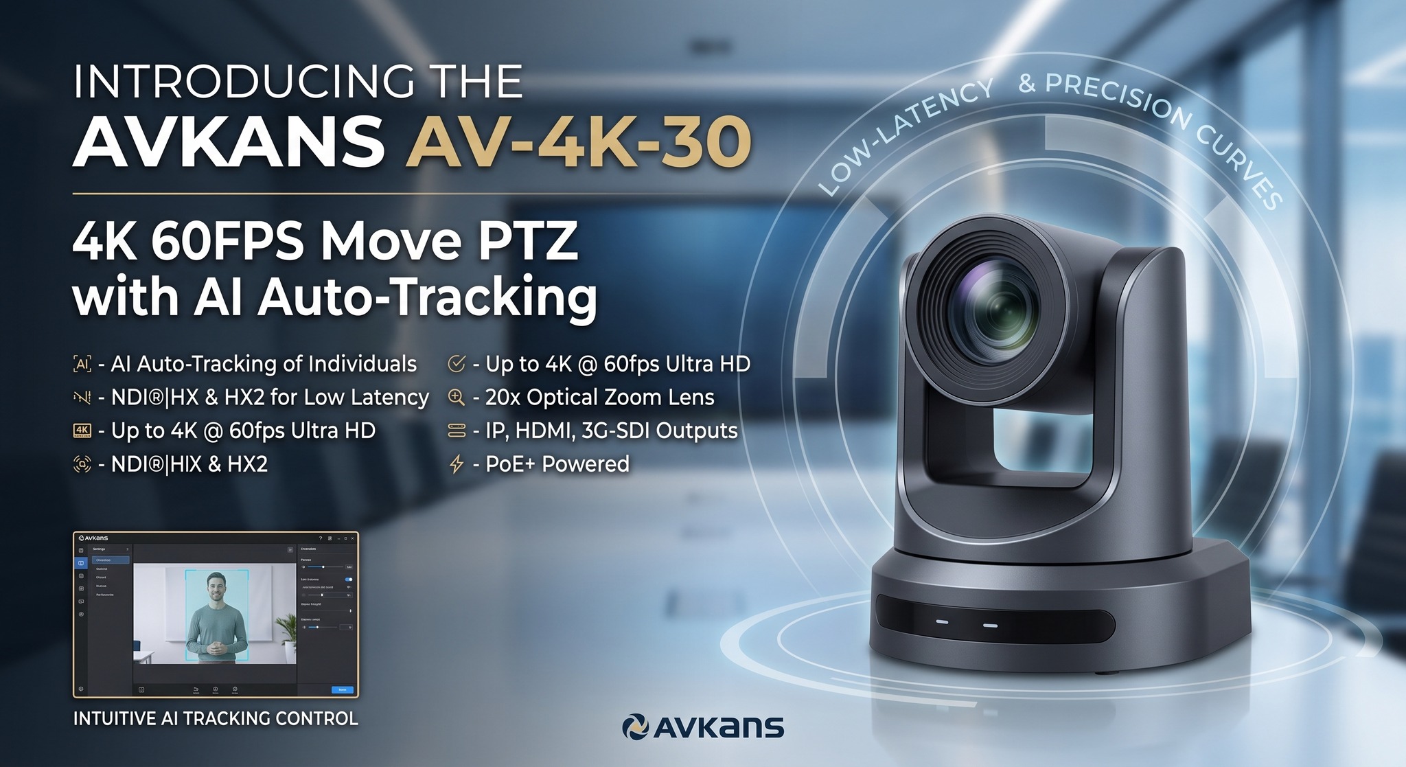 AVKANS AV-4K-30 PTZ camera with 4K 60FPS and NDI HX3