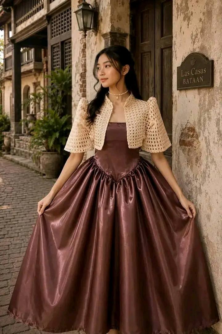 filipiniana dress brown Modern with rattan lace bolero Formal