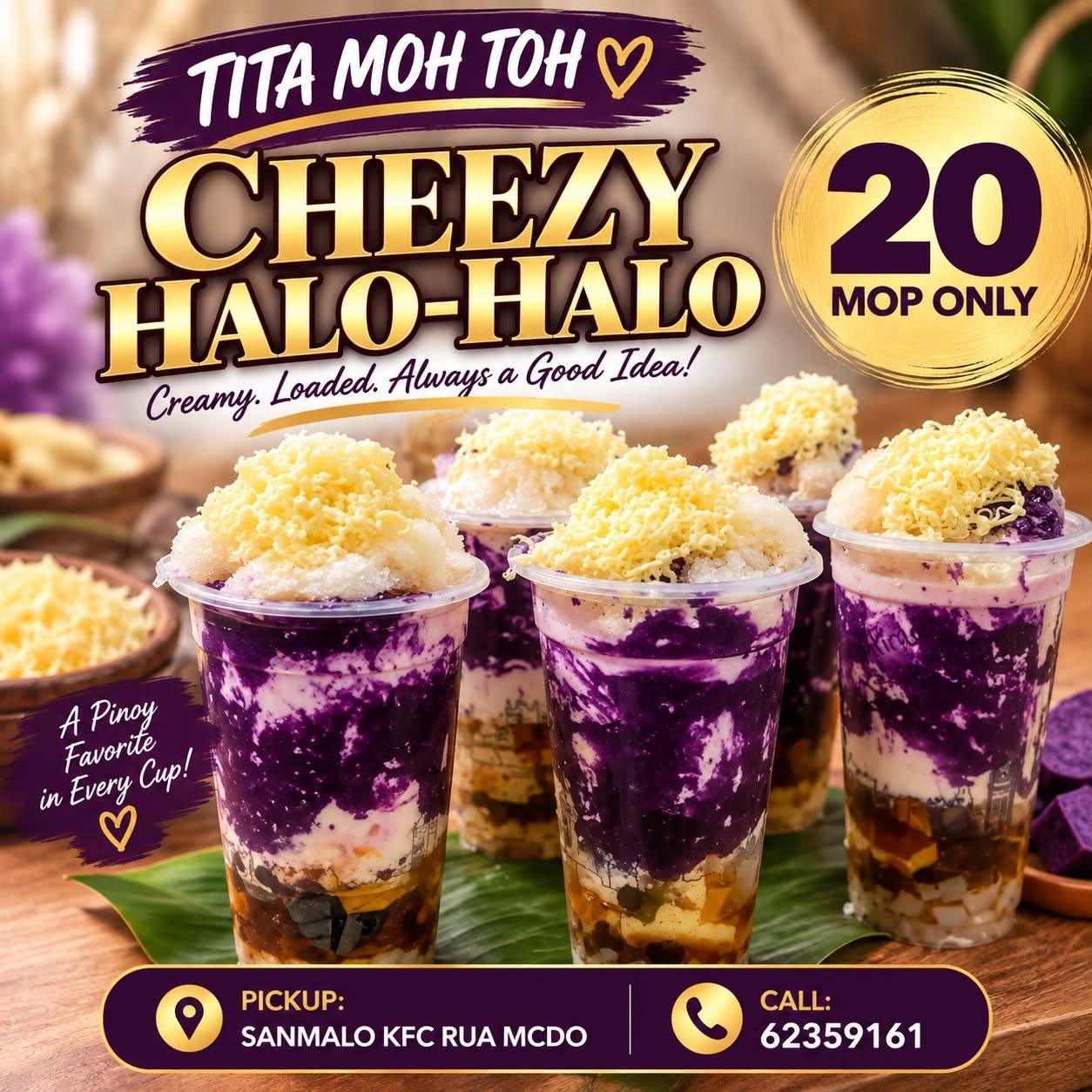 Available every day Halo halo 25mop Pizza 65mop Pick up San malo
