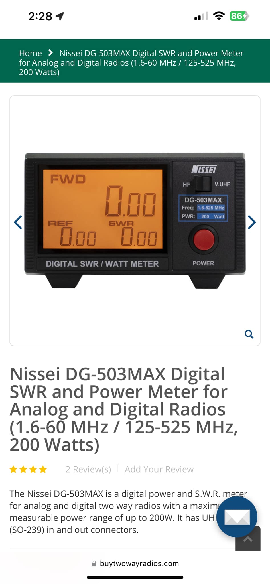 NISSEI RS-70 Digital SWR & Power Meter - 1.6-60 MHz HF, 200W For 2-Way Radios
