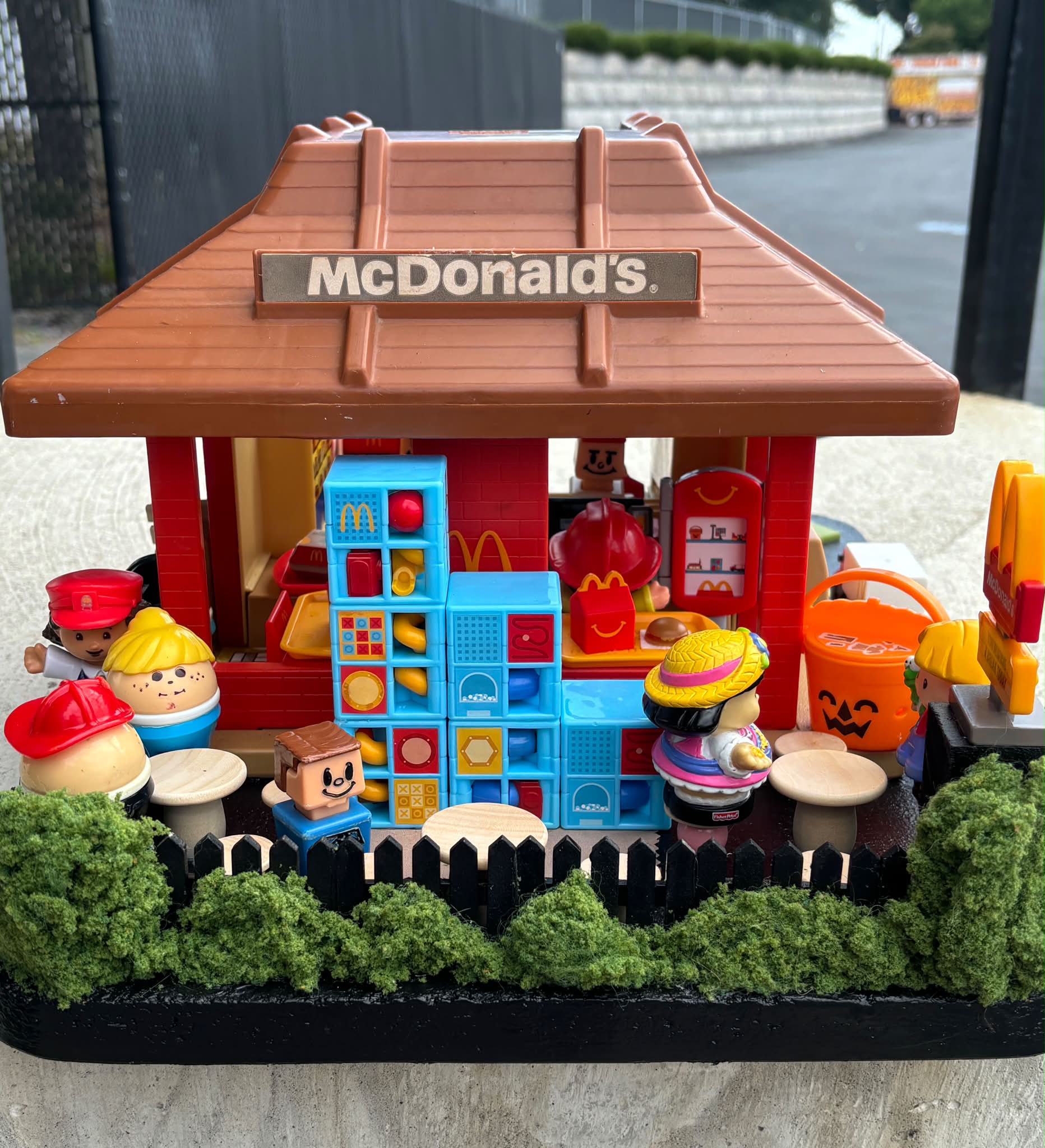 Completed McDonald's dollhouse with patio and drive-thru