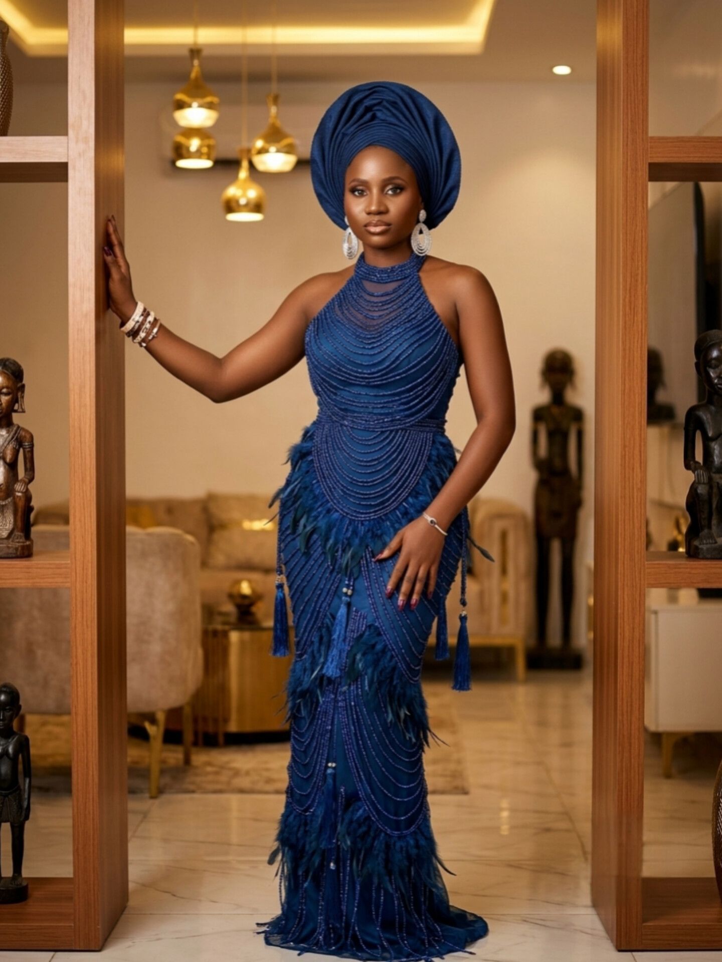 Did I over dress for the wedding reception in my blue beaded feathered dress ?