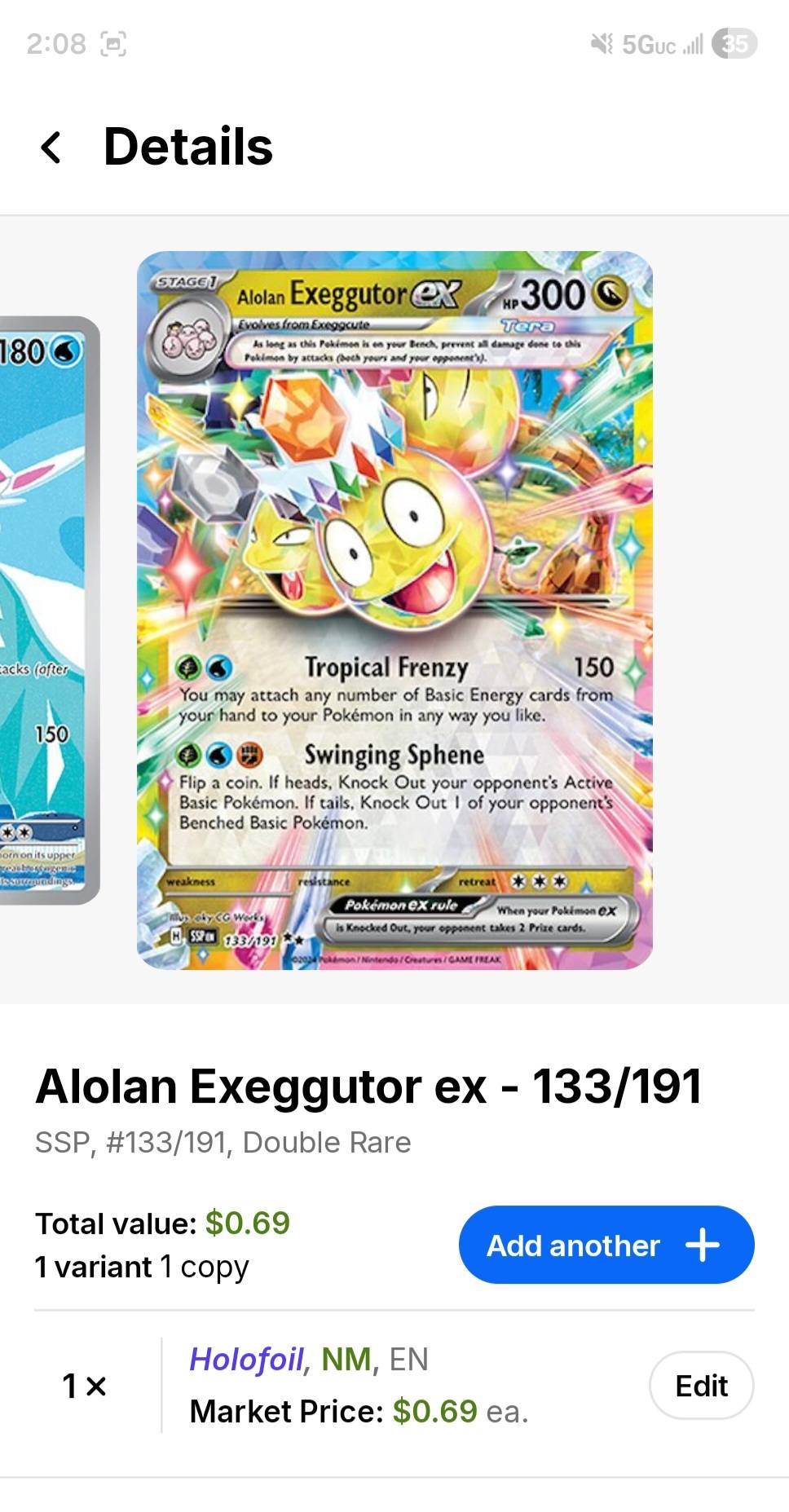 133 191 pokemon card Alolan Exeggutor ex 133/191 [SV08 Surging Sparks] Knock Out 1 of your opponents Benched Basic Pokemon Surging sparks cards for sale