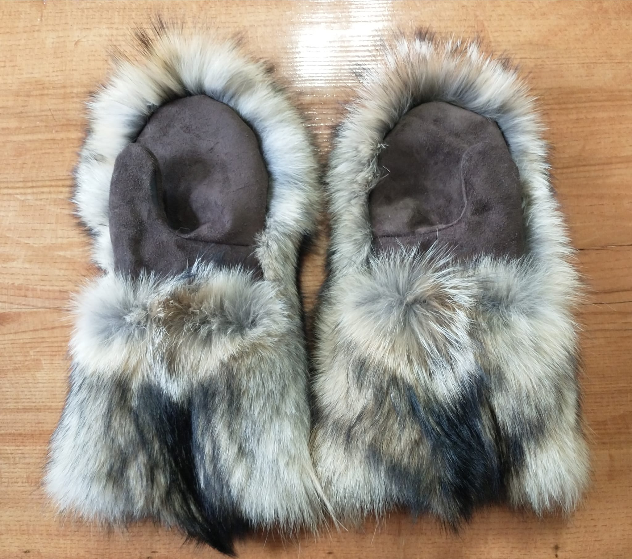 Handmade coyote and red fox mittens with elkhide palms