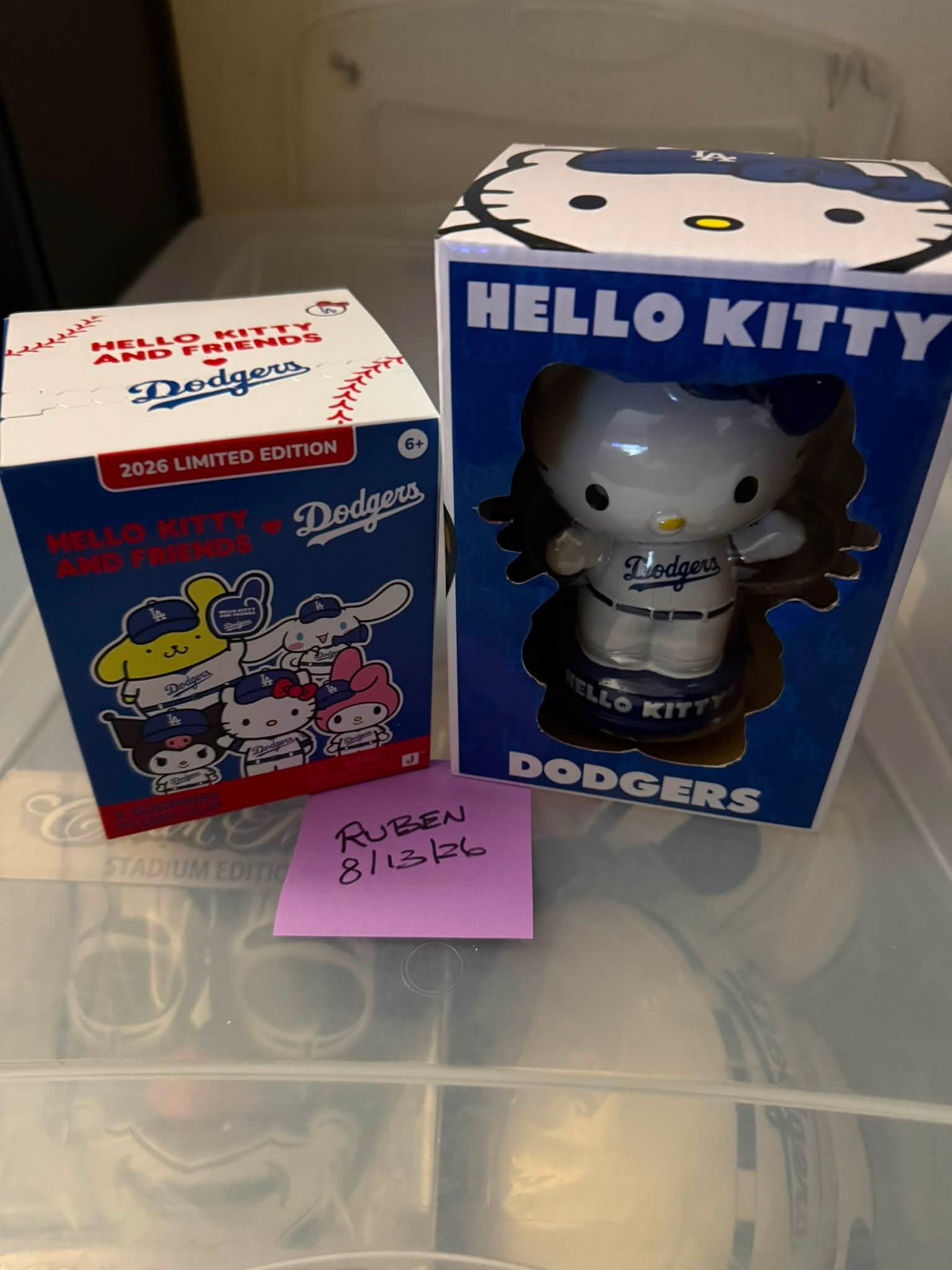 A new Hello Kitty x Dodgers baseball helmet bobblehead has been