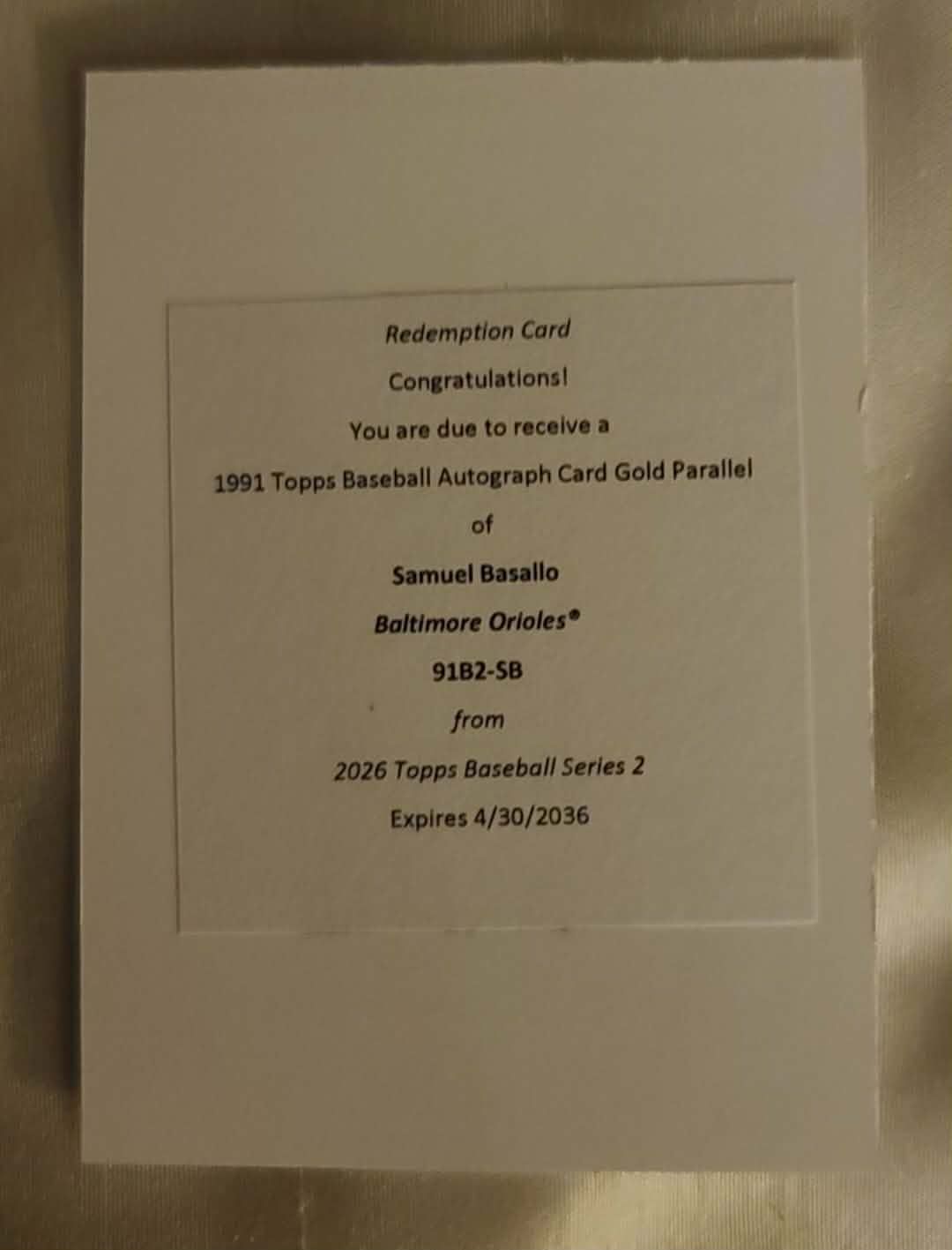 First Topps redemption for 1991 Topps Baseball Autograph Card Gold