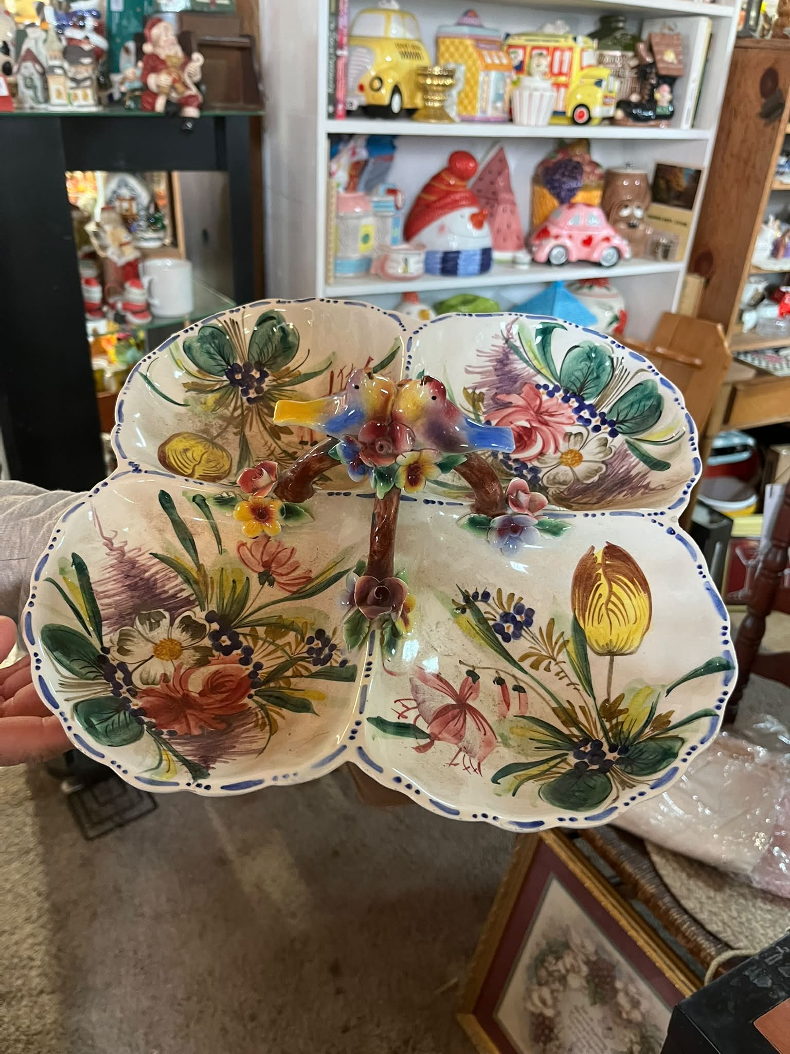 Vintage Handpainted pretty eclectic ceramic plate with a red