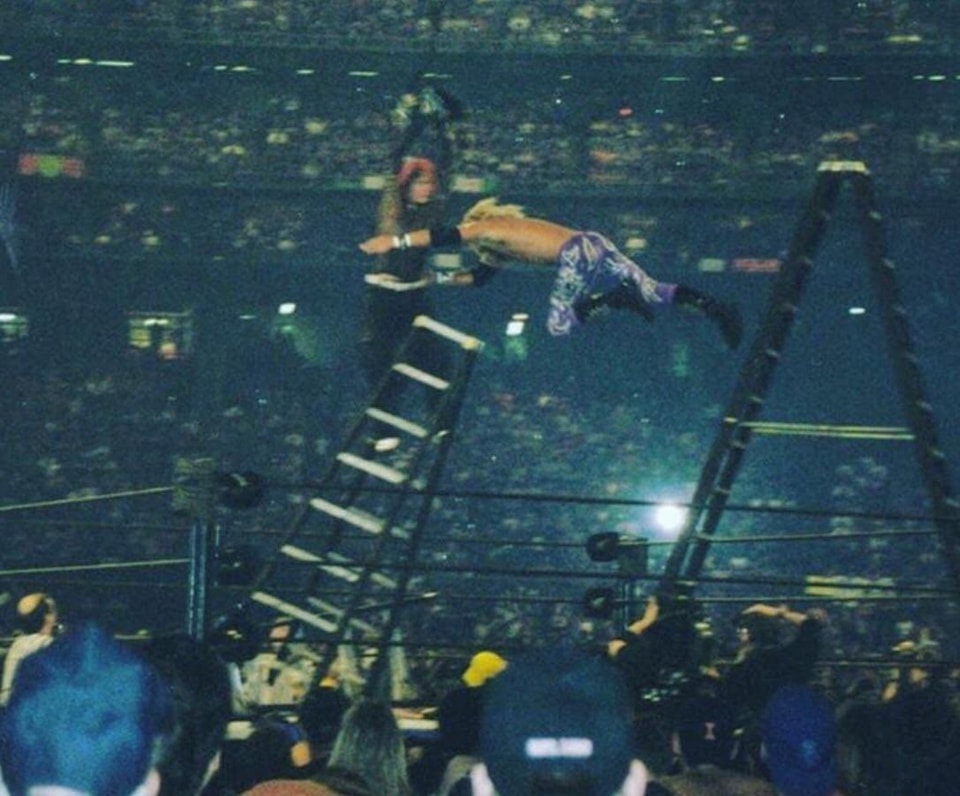 A fan photo of Edge spearing Jeff Hardy at Wrestlemania x-seven