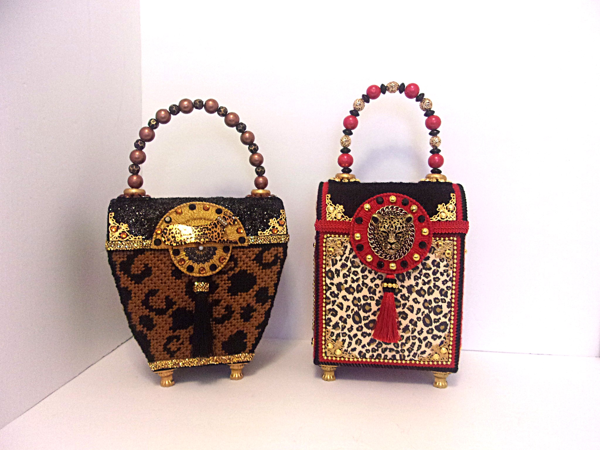 This is some of my latest work in unique & fun leopard print handbags