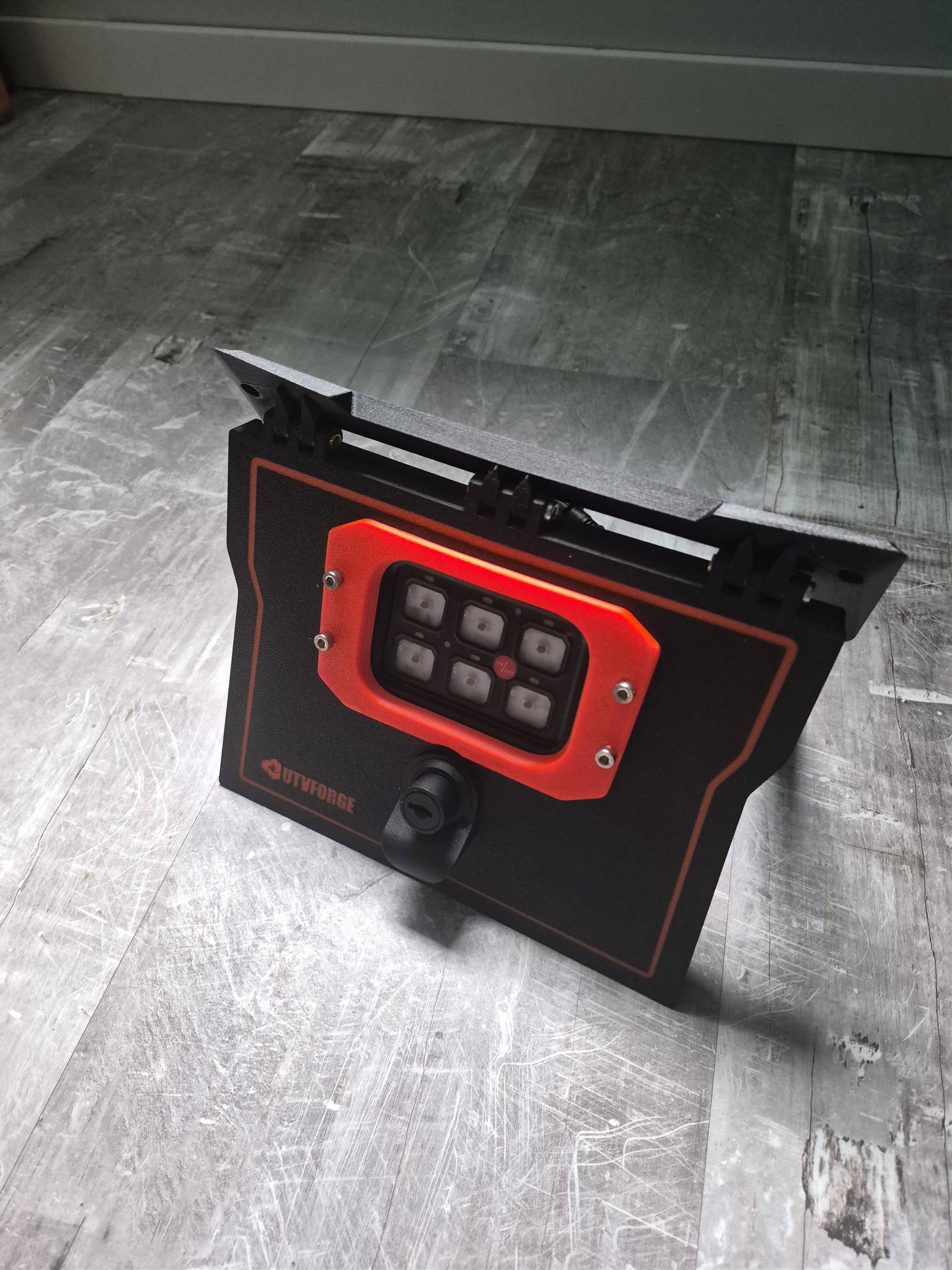 Custom cubby door for Auxbeam 6 gang switch panel on Kawasaki KRX1000