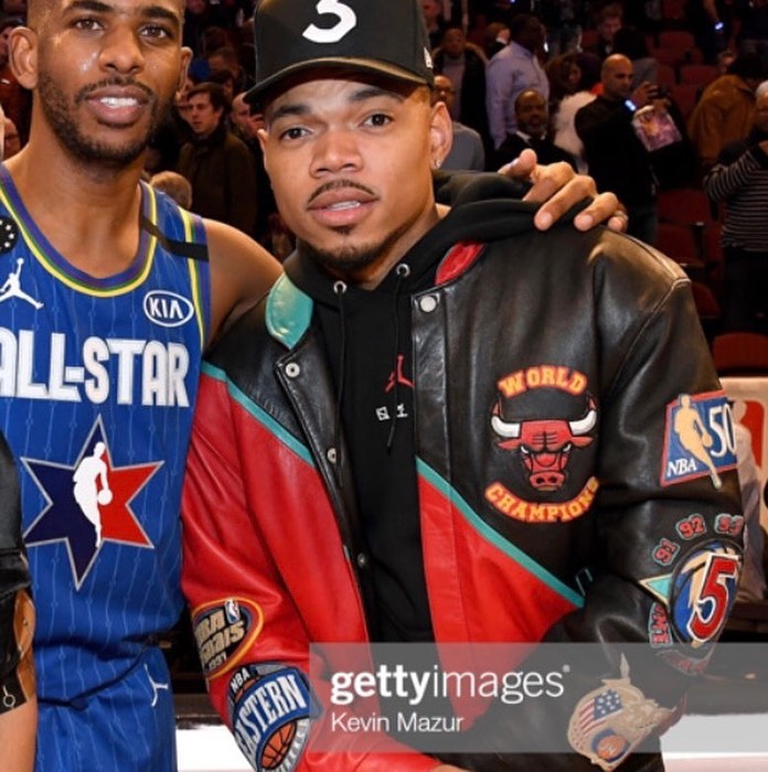 Chance the Rapper in 95-96 Chicago Bulls NBA championship jacket