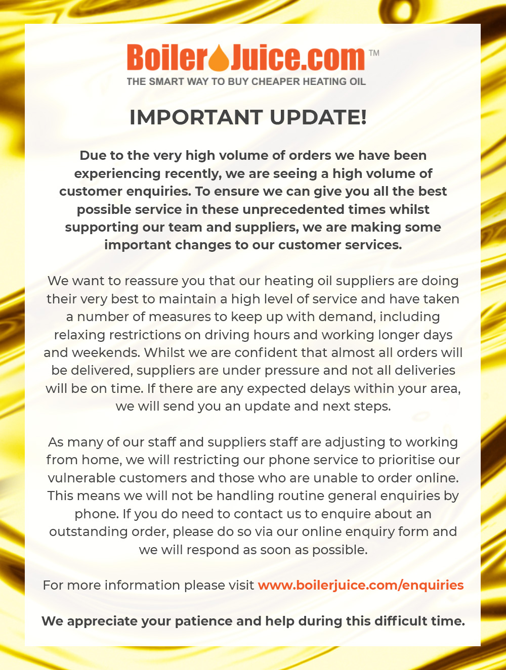 BoilerJuice - IMPORTANT UPDATE! ⚠️ Due to the very high... | Facebook