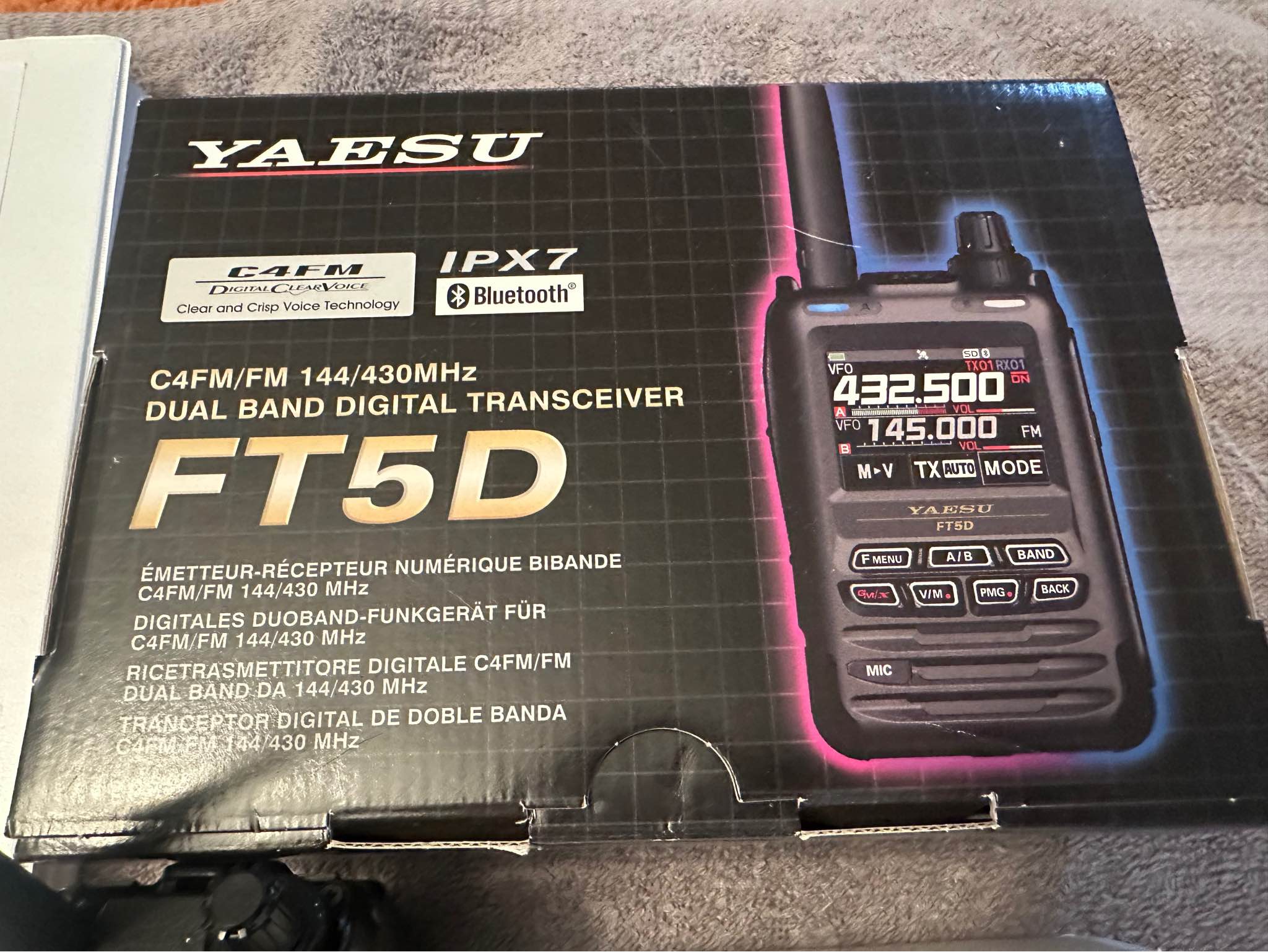 FT 5D 2M/440 HT, stock antenna, charger, and Yaesu SSM 17A speaker