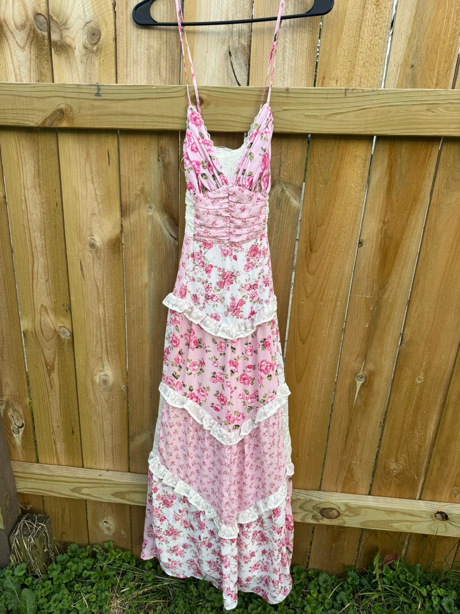 altar'd state pink patchwork dress Taila Patchwork Satin Maxi Dress