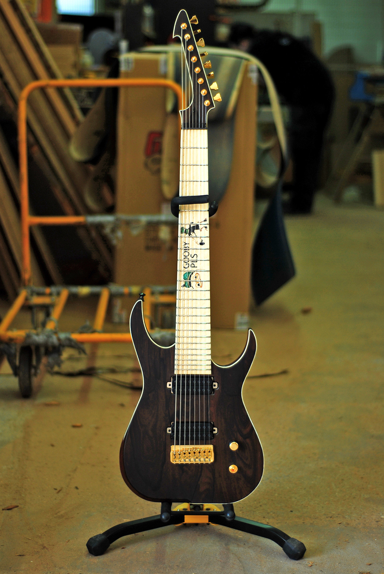 Skervesen Guitars Custom Raptor 8 with Gooby PLS inlay. Pics Via